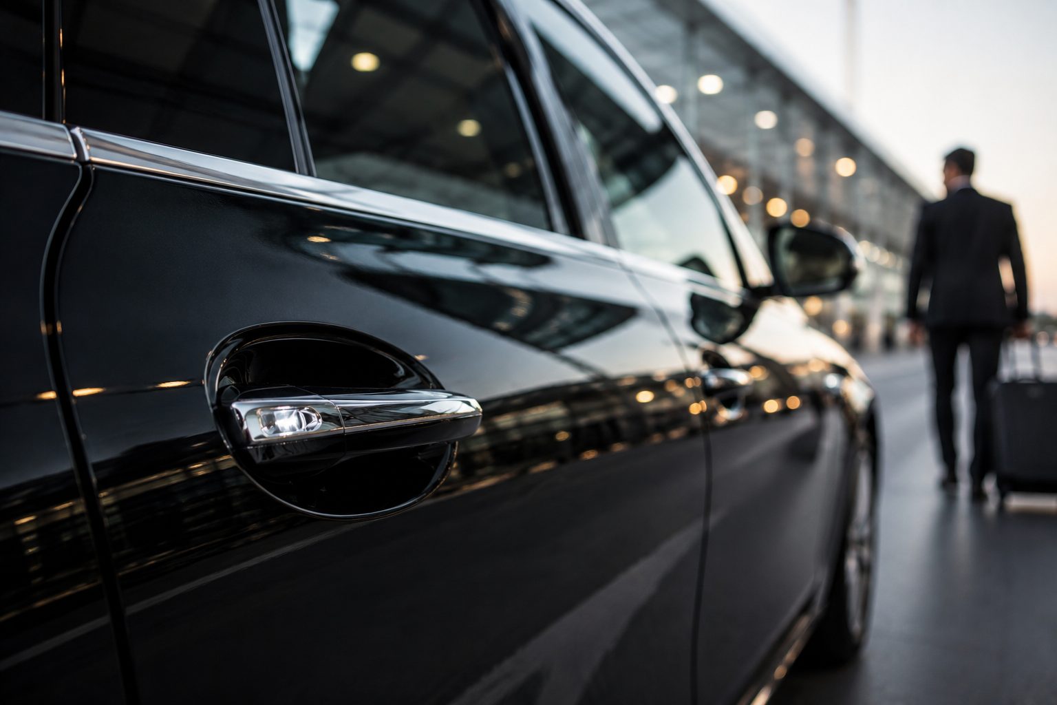 Schwarze Mercedes S-Klasse Limousine vor dem Terminal am Flughafen Zürich – Chauffeur-Service