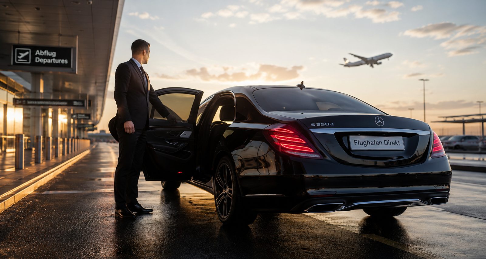 Chauffeur öffnet die Fondtür einer Mercedes S-Klasse vor dem Abflug-Terminal am Flughafen Zürich