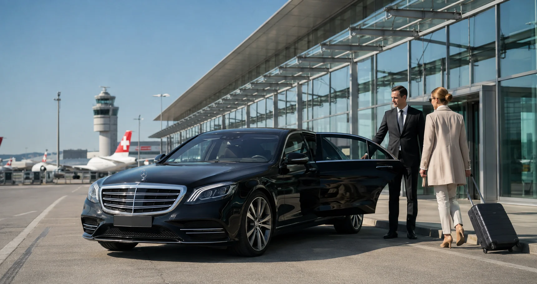 Privater Flughafentransfer mit Chauffeur und Mercedes S-Klasse am Flughafen Zürich