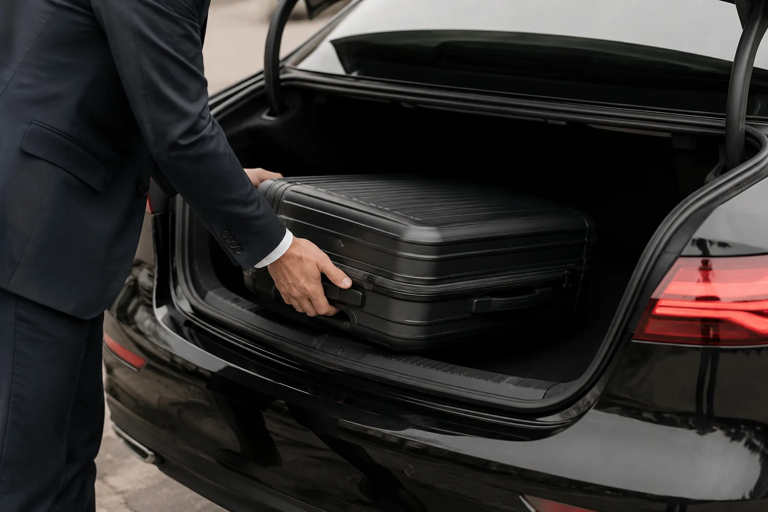 Chauffeur verstaut einen Koffer im Fahrzeug